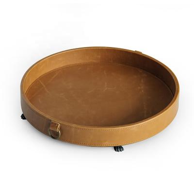 China Eco-Friendly Antique Round Tray Brown PU Leather Ottoman Serving Tray Storage Tray Organizer For Coffee Table for sale