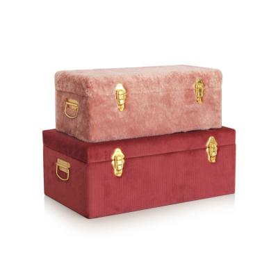 China Sustainable decorative set of 2 storage wooden trunks covered in fabric multi pink for sale