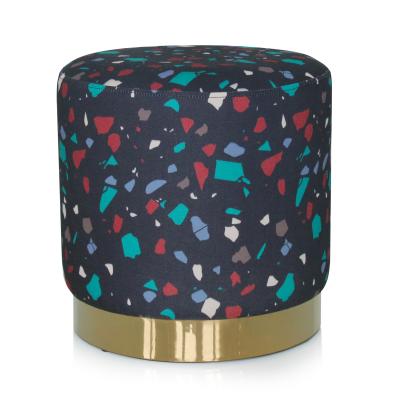 China Eco-Friendly Bedroom Terrazzo Dress Table Stool Fabric Covered Round Stool With Metal Brass Trim for sale