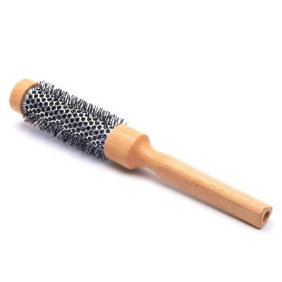 China Natural Round Nylon Curling Hair Brush Oak Wood Curling Brush with Boar Bristle for Girl for sale