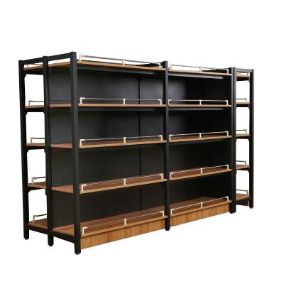 China Double Sided Supermarket Shelf Wood Steel Wood Grain Combined Display Store Shelves / Single Sided Rack Q for sale