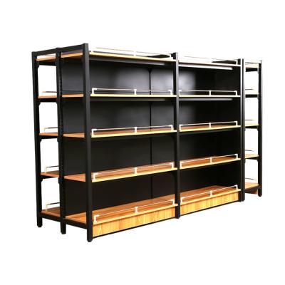 China Double Sided Supermarket Shelf Wood Steel Wood Grain Combined Display Store Shelves / Single Sided Rack Q for sale