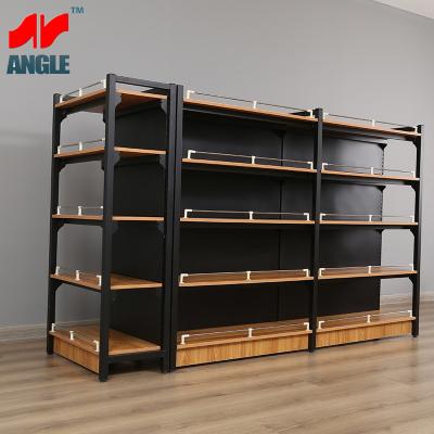 China Modern Multilayer Steel And Steel Supermarket Panel Double Sided / Single Sided Combination Wood Shelf for sale