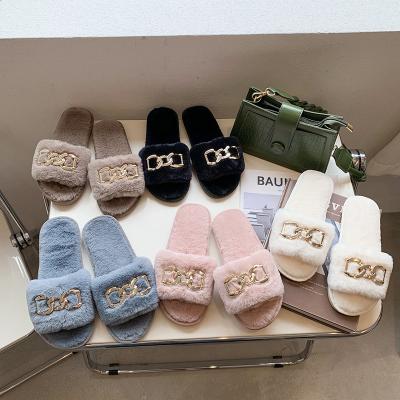 China Fuzzy Indoor Home Slippers For Women's Plush Chain Slippers Winter Fashion Trend Girls Faux Fur Shoes Ladies Warm Plush Slippers for sale