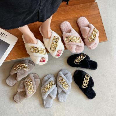 China Hot Lady Plush Slippers Woman Plush Fuzzy Indoor Home Slippers For Girls Faux Fur Shoes Hot Sale Fashion Trend Chain Slippers for sale