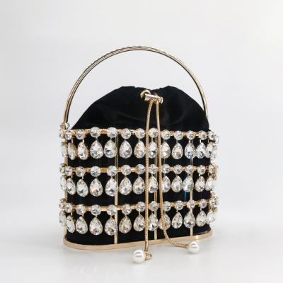 China Wholesale Flannel Metal Hollow Bags Popular Cage Purses Diamond Flannel Handbags For Female for sale