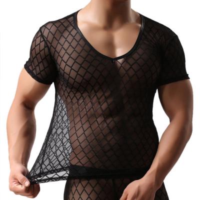 China QUICK DRY Mens Plaid Mesh Short Sleeve T-Shirt Sheer V Neck See Through Tee Tops Slim Fit Stretchy Tops Black for sale