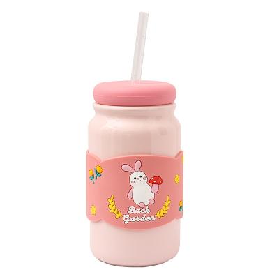 China Viable Style Korean Cute Cartoon Ceramic Mug With Straw Big Capacity And Anti-scalding Silicone Wrap And Lid For Girls Gift for sale