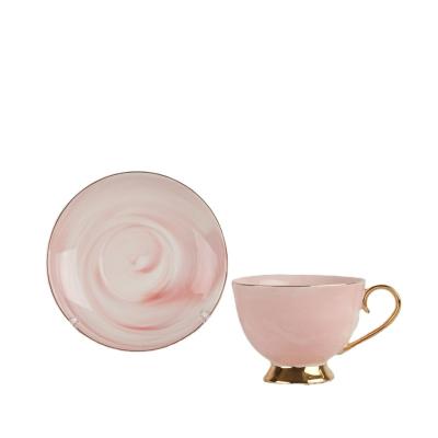 China Viable Customize LOGO Classic Luxury Marble 220ml Ceramic Cup And Saucer With Hand Paint Real Gold Handle For Hotel for sale