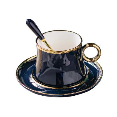 China Viable noble style ceramic coffee cup and saucer with spoon 410 stainless with color box packing for retail store for sale