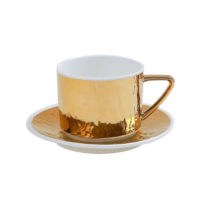 China /Silver shinny gold chain customized luxury style ceramic cup gold and silver coffee cup and saucer with metal spoon for premium coffee for sale