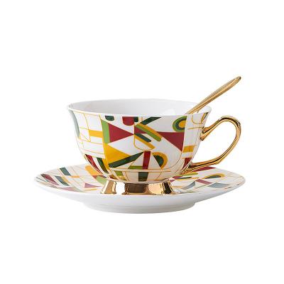 China Sustainable European classic style multicolor porcelain coffee cup and saucer with real gold hand painted handle and foot for sale