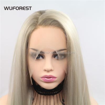 China WUFOREST Glueless Long Straight Ombre Straight Blonde Lace Front Wigs Synthetic Side Part Dark Roots Mixed Color for sale