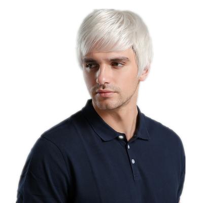 China Can Be Rolled And Blown Below 160 Degree WUFOREST Temperature Silver White Hair Wigs For Men Toupee Machine Made Wigs Short Straight for sale