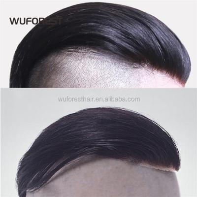 China WUFOREST Straight Men's Hairpiece 100% Biological Scalp Soft Skin Front Lace Net Base Hair Pieces For Man Men Black Color for sale