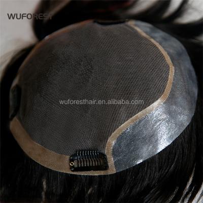 China 100% Real Hair WUFOREST Black Color Hair Toupee For Men Man Lace With Straight PU Replacement System Natural Hairline With Clips for sale