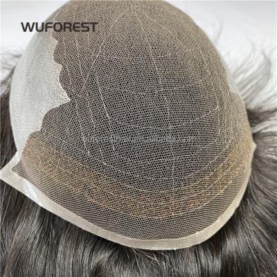 China WUFOREST Q6 Hairline PU Hairpiece Natural Thin Skin Straight Hairpiece Swiss WUFOREST Men Human Hair Lace Front Wig Men Patch Topper Pieces for sale