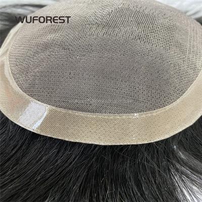 China WUFOREST Straight Silk Lace Net Base PU Edge Hair Toupee For Male Top Hair Pieces Men Connect Topper Wigs With Clips Natural Black for sale