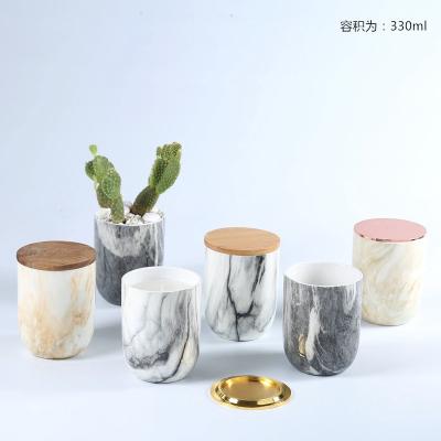 China Home Decoration Hot Sales Ceramic Marble Candle Jar With Metal Bamboo Lid for sale