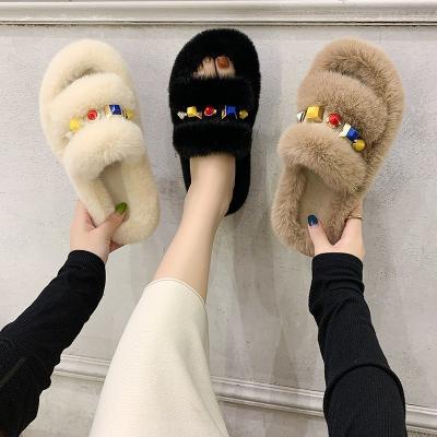 China Fashion Trend Casual Sandals Fur Rivet Flock Slides Women's Plush Summer Fashion PU Rubber Fabric Flat Slippers 2020 Luxury Soft for sale