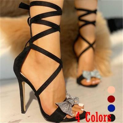 China 2021 Summer Stiletto High Heels Stunning Sandal Fashion Trend Open Toe Rhinestone Bow Thigh High Heel Women's Strap for sale