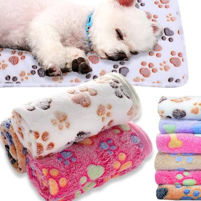 China 2021 Pet Blanket Cat Dog Cover Towel Blanket Pet Bed Cushion Viable Wholesale Coral Fleece Mat Paw Print for sale