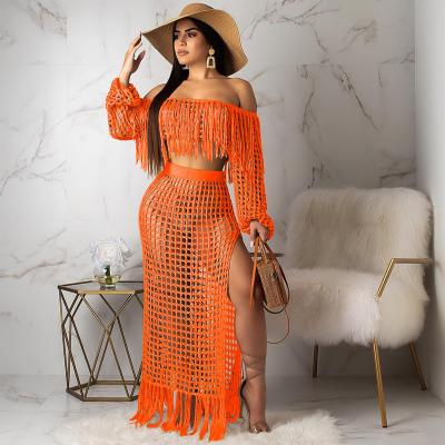 China Hot Selling Breathable 2022 Summer White Crochet Knit Sexy Fashion Mesh Tassels Perspective Two Piece Dress Beach Set For Women for sale