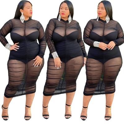 China Breathable Fashion Fat Lady 2 Piece Set Clothing See Through Mesh Pleated Waist Women Sexier Dress for sale