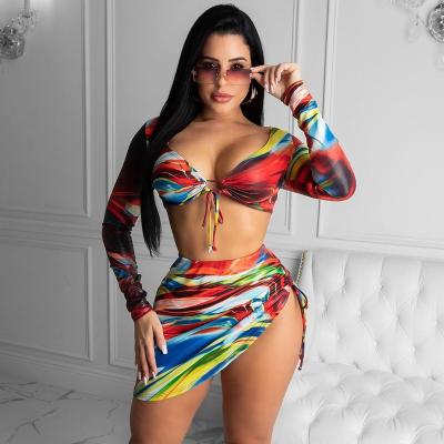 China Summer Breathable Women Sexy Three Piece Bikinis Set Long Sleeve Fashion Tie Dye Printing Swimsuit for sale