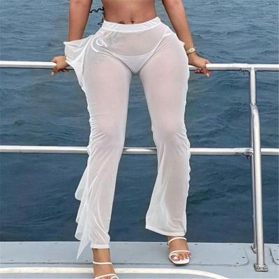 China Wholesale Customized Breathable Printing Ruffle Framed Mesh See Through Sexy Beach Pants for sale