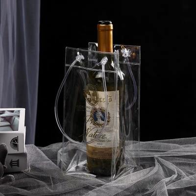 China Recycled Materials Wine Cooler Bag Champagne Carrier Clear PVC Bag Handle Plastic Bottle Transparent Ice Bag for sale