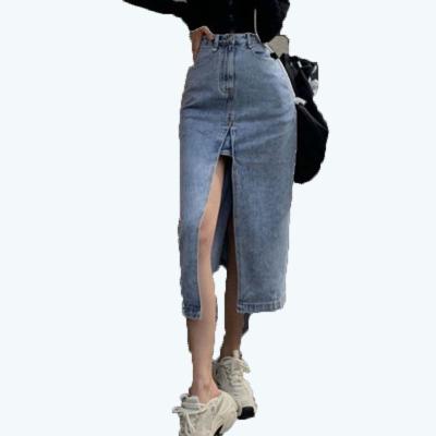 China Women One Line Skirts Summer Style Ladies High Waist Streetwear All-match Slit Denim Daily Sexy Solid Korean Minimalist Anti-Static Design for sale