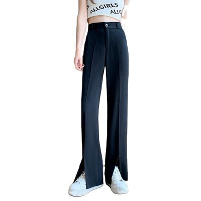 China Lady Long Straight Trousers Office Front Slit Pants Chic Fashion Women Anti-wrinkle High Waist Pencil Pants Black Elastic Overalls Loose for sale