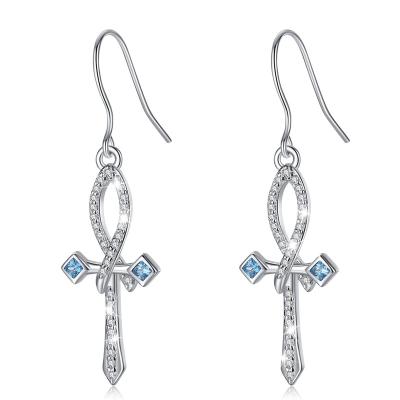 China Merryshine FASHION Jewelry 925 Sterling Silver Cross Drop Earrings with Blue Zircon for sale