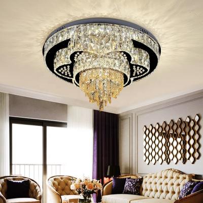 China Surface Mounted Large Modern Gold Leaded Luxury Crystal Pendant Lighting Steel Dining Table Centerpiece Lamp Ceiling for sale