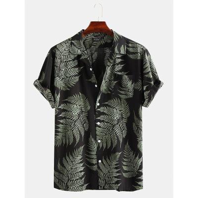 China Anti-Wrinkle Mens Shirts Short Sleeve Casual Loose 100% Cotton Print Fabric Hawaii T-shirt Beach Wear Maple Leaf Print Beach Shirts for sale