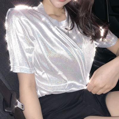 China Women's Anti-Wrinkle T-shirt T-shirt Neck Glitter Loose Wild Round Shirt Reflective Short-sleeved Casual T-shirt Summer New for sale