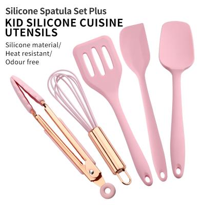 China Disposable Factory In Stock Kids Utensils Silicone Mini Spatula Set Rose Gold Silicone Plating Handle Egg Beater Food Tongs for sale