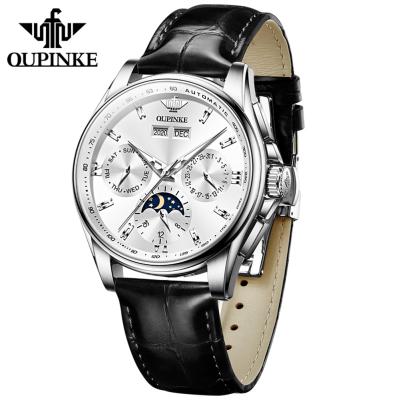 China Oupinke 3189 Day/Date Luminous Waterproof Watch Customized Automatic Mechanical Leather Watch Business Men Watch for sale