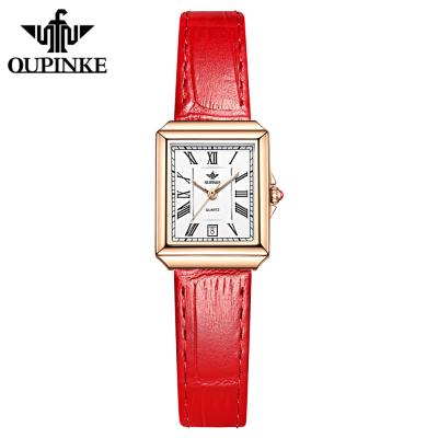 China Fashion Waterproof Stainless Steel Case Oupinke 3182 Strap Quartz Fancy Women Square Leather Watch for sale