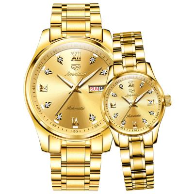 China High Quality Cheap Coated Stainless Steel Waterproof Couples Day/Date Glass Luxury Mechanical Watch JSDUN 8763 for sale