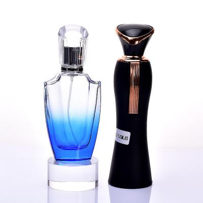 China Filling of perfume High grade acrylic inclined top cover thick bottom black blue glass spray wide shoulder perfume divided into empty bottles for sale