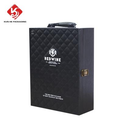 China Premium Logo Leather Wine Boxes PU Logo Wine Gift Suitcase Bottle Classic Black Luxury Premium Recyclable Custom Leather Box Gift for sale