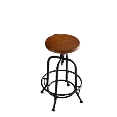 China Vintage Style American Industrial Adjustable Swivel Height Bar Stool Wooden Flat Seat(Height) Rolling Footrest Adjustable Bar Chair for sale