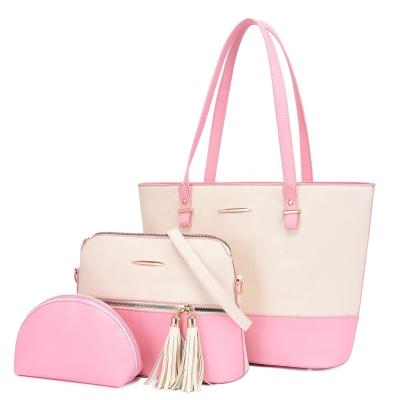 China 2021 New Arrival Vintage Color Stitching Tassel Leather Women 3 in 1 Handbag Set for sale