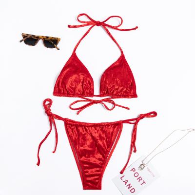 China Sexy Plus Size Velvet Bikini Swimwear, Ring Linked Swimwear Special Heart Fabric Brazilian Cross String Swimwear Bikinis for sale