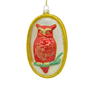 China Festival Stuff Factory Direct Christmas Glass Ornaments Flat Ball Embossed Rim Glass Red Owl Gold Glass Ornaments for sale