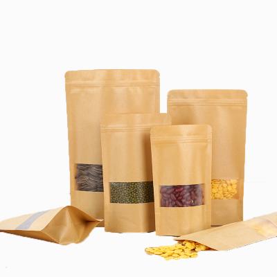 China Recyclable Custom Reusable Food Foil Packaging Pouch Brown Reusable Stand Up Kraft Paper Bag With Window And Zipper for sale