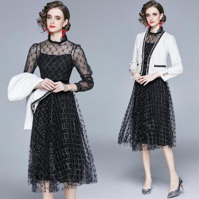 China Plus Size 2021 Bubble Edge Mushroom Springs Long Sleeve Plaid Long Sleeve Gauze Net Dress Bright Silk Two Piece Set for sale