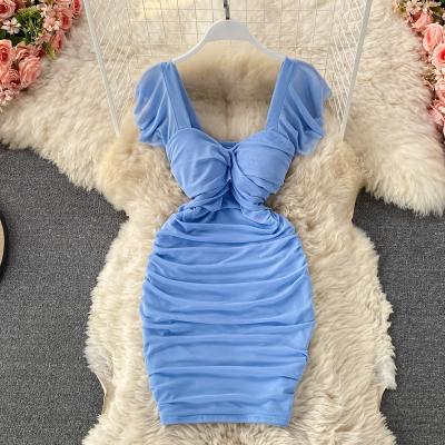 China New Arrival Women's Bodycon Empire Pleat French Sexy Square Collar Sheath Short Summer Spring Dress Dress For Women for sale